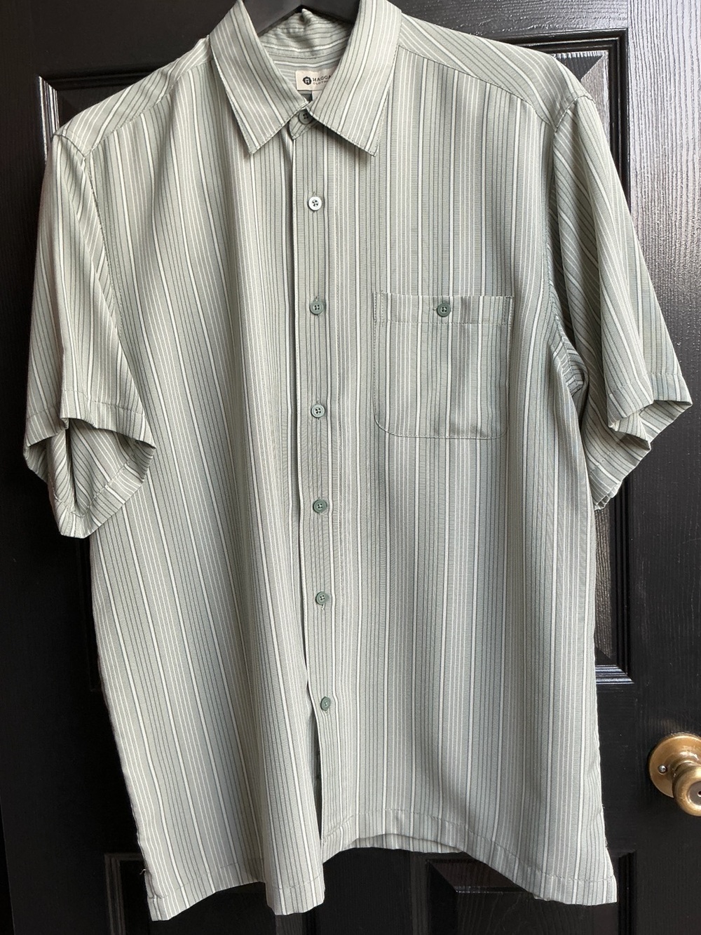 Haggar Short-Sleeve Button-Down Shirt in Light Sage Stripe
